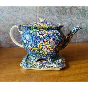 Rare Royal Winton chintz blue Anemone teapot with matching plate/display stand